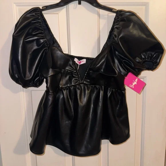 NWT  BUDDY  LOVE  Houston Puff Sleeve Faux Leather Top Blouse Shirt - Picture 3 of 11